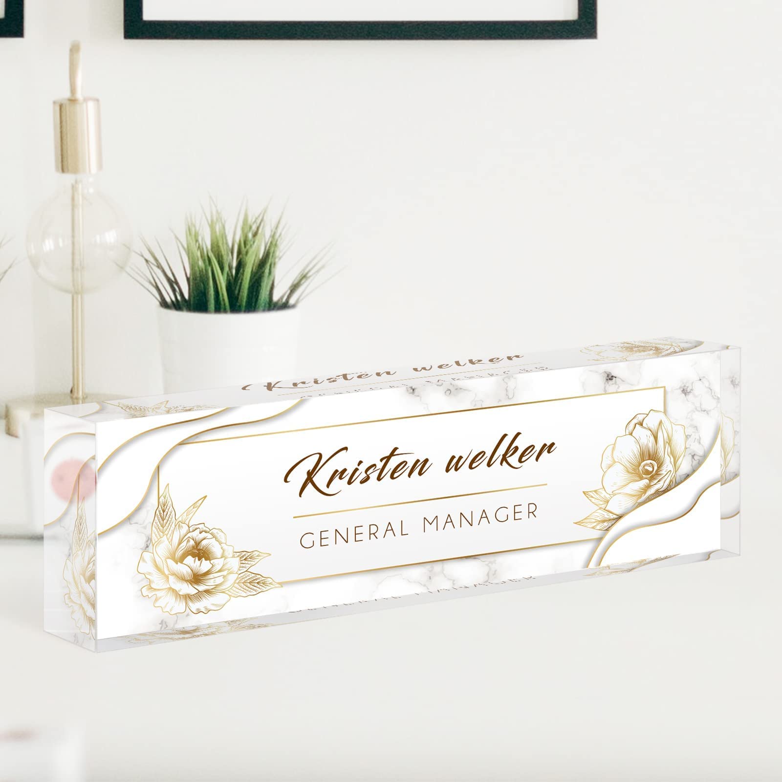 White Marble Flowers Personalized Office Name Plate for Desk