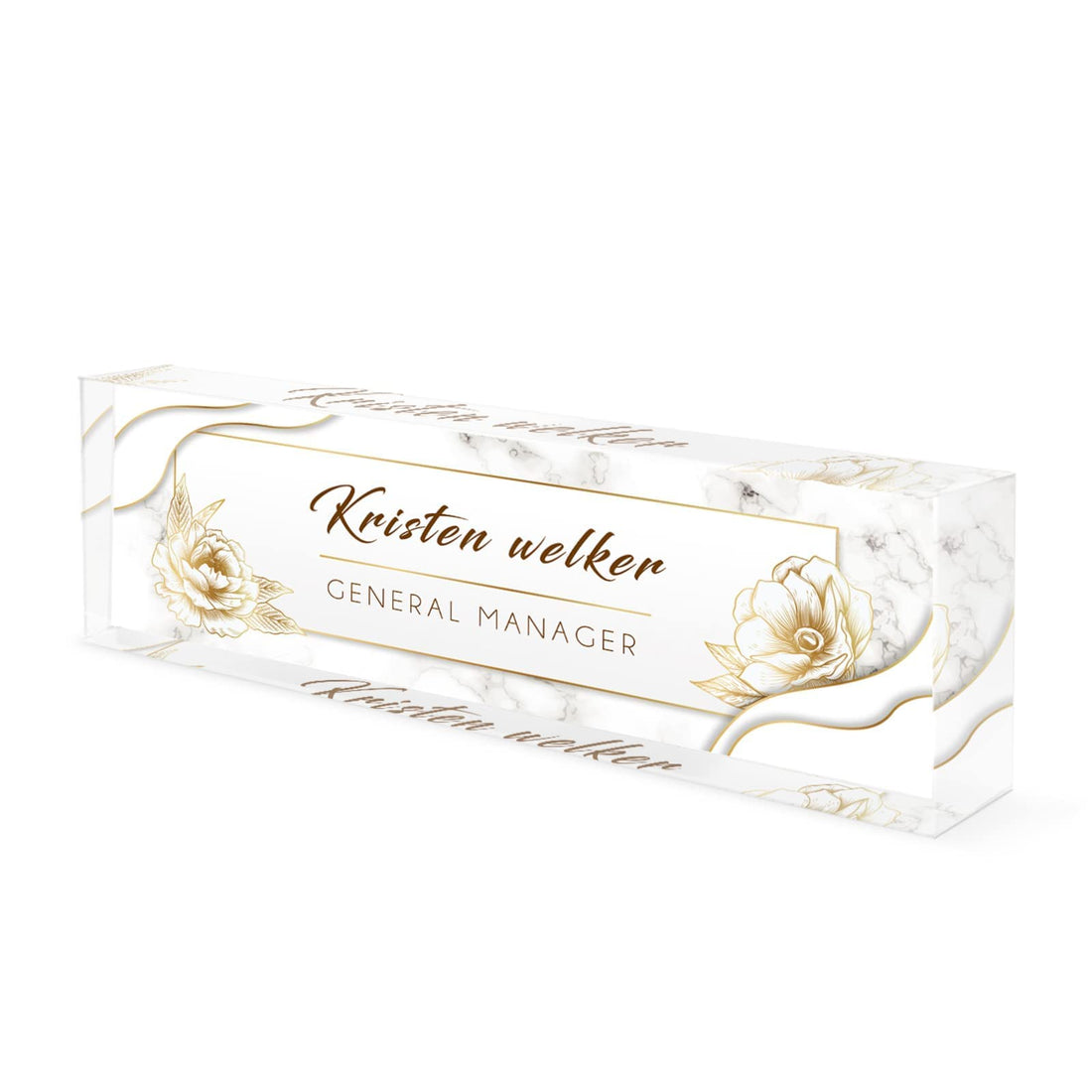 White Marble Flowers Personalized Office Name Plate for Desk