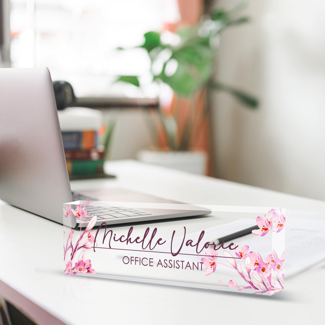 Pink Floral Custom Name Plate for Desk