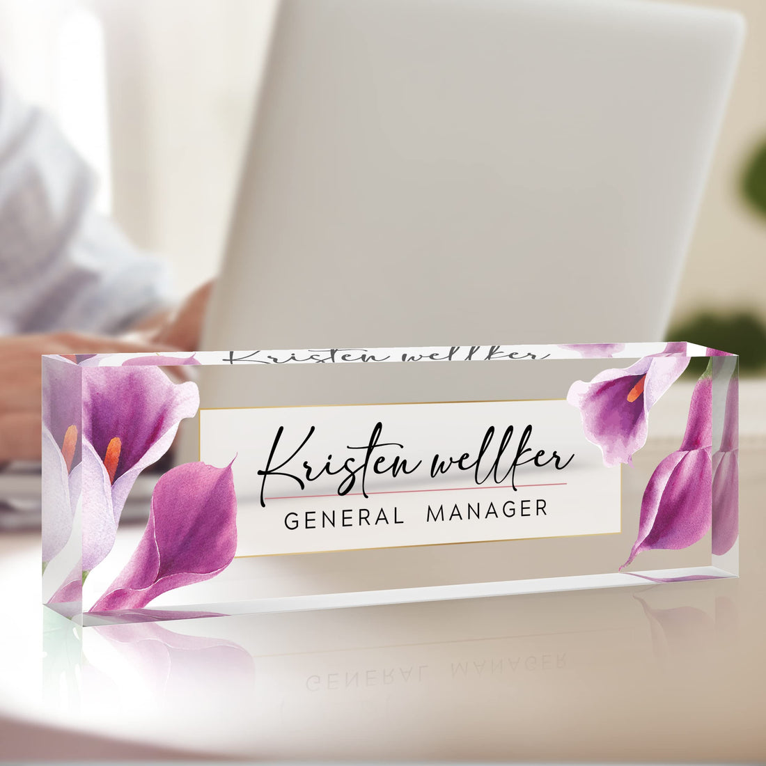 Purple Petals Style Premium Clear Acrylic Desk Name Plate