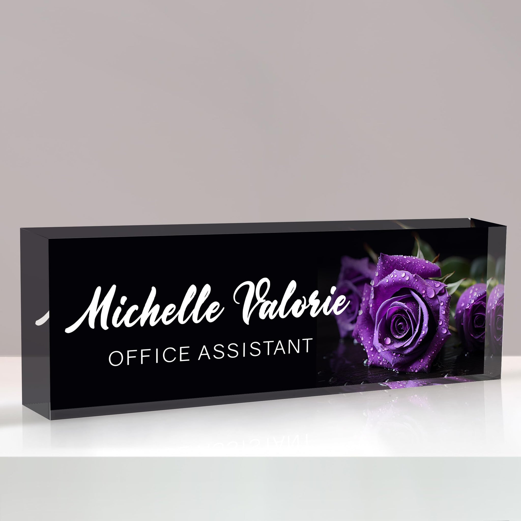 Desk Name Plate Personalized Dark Purple Rose