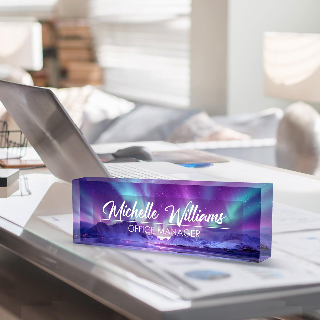 Desk Name Plate Personalized Purple Aurora