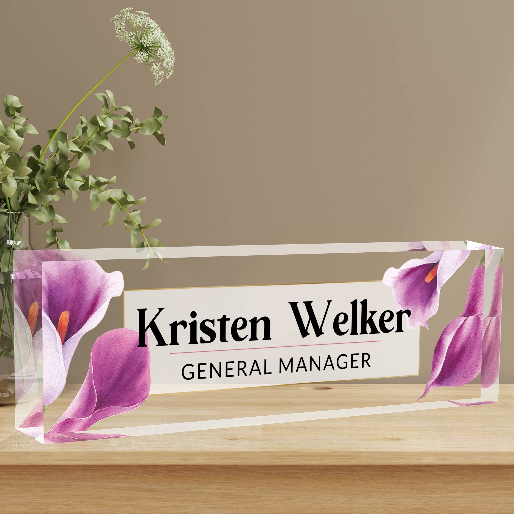 Purple Petals Style Premium Clear Acrylic Desk Name Plate